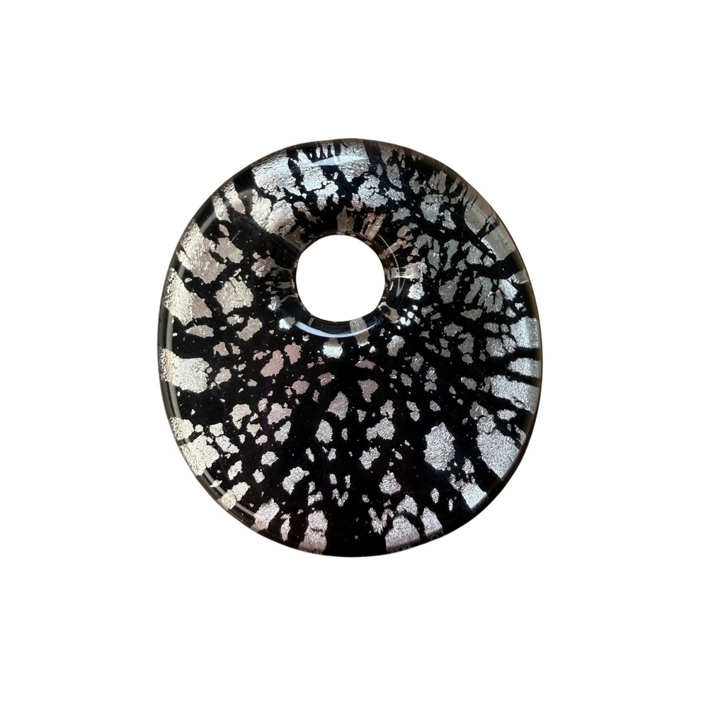 Murano Style Art Glass Silver Foil Donut Pendant Black Sparkle Modern Y2K